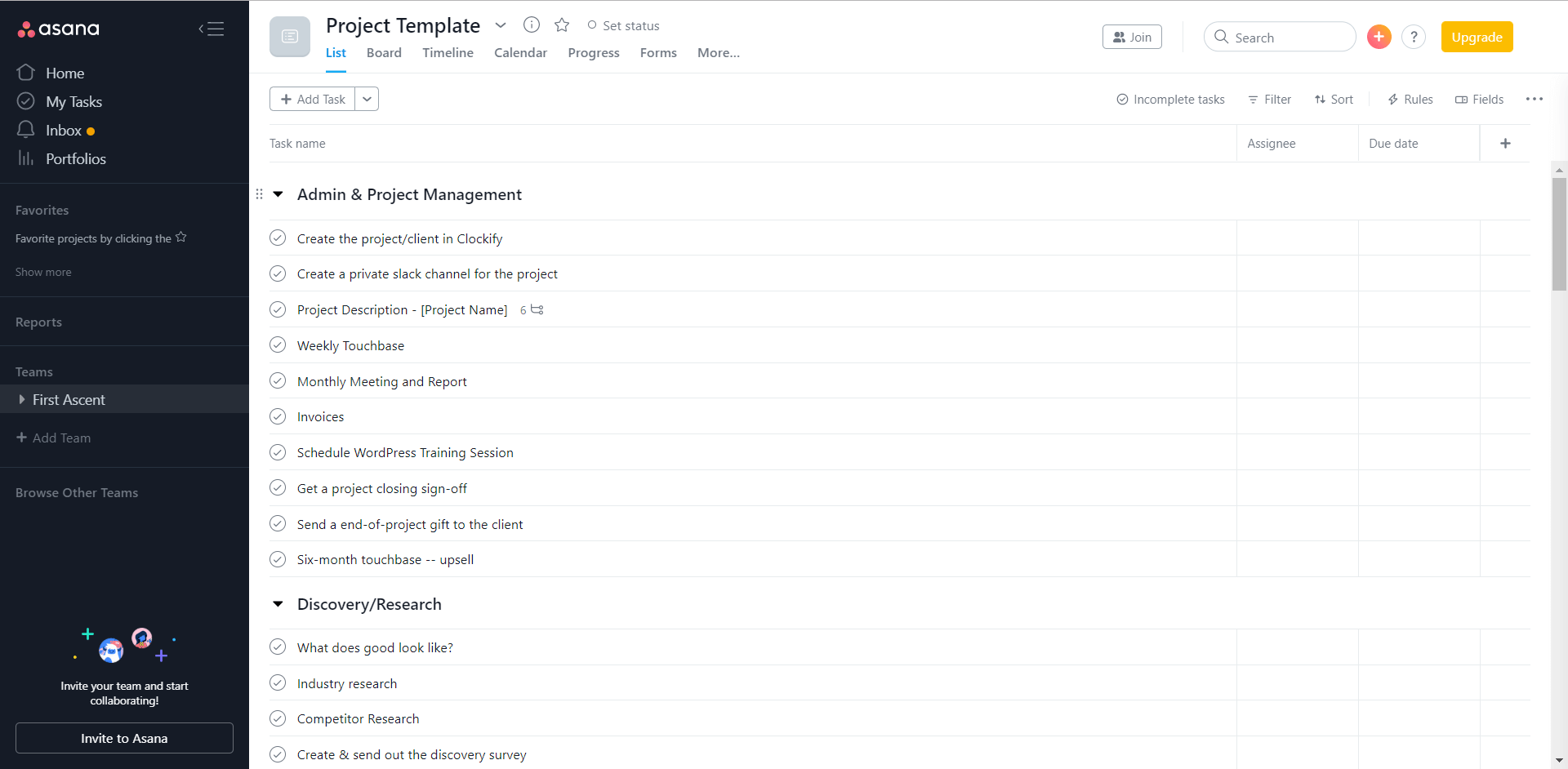 Image of a project template in Asana. Various tasks and project groups are listed from top to bottom.