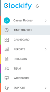 Image of Clockify sidebar. Name of user is at the top of the bar. Underneath is the time tracker, then dashboard, as well as other tabs for different pages.