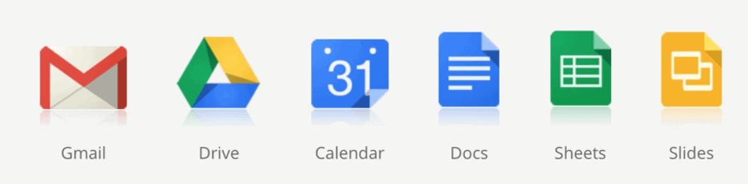 Google app icons. From left to right, GMail icon, Google Drive icon, Calender icon, Docs icon, Sheets icon, and Slides icon.