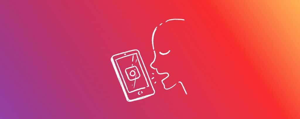 Illustrated face speaking into a phone with Instagram logo on the screen. Background is a purple and red gradient.