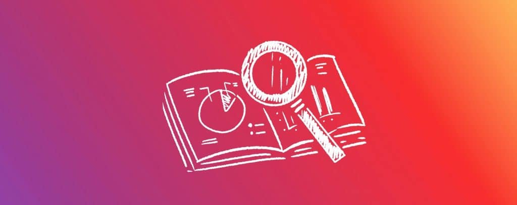 Illustrated white magnifying glass and book with charts inside over top a purple and red gradient.