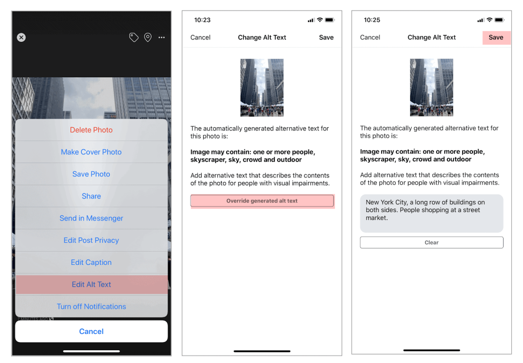 Screen shots of an iPhone showing the steps on how to replace alt text to an image.