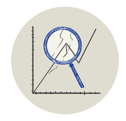 Magnifying glass looking at a line graph