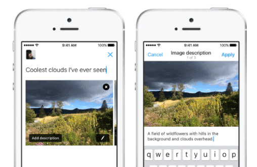 Two iPhones, both with Twitter open. One is a draft to a Tweet and the other is the alt text describing the image.