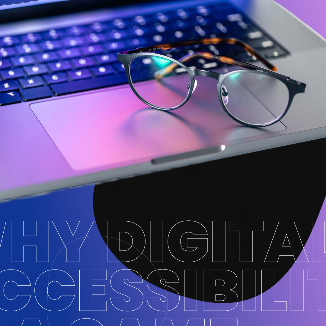 glasses resting on computer with a purple and blue haze in the background